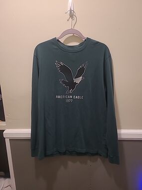American Eagle Green Eagle Graphic Long Sleeve Tee Mens M Super Soft Standard Ft